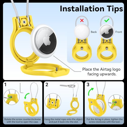 Image of Meliya at Holder for Apple at Secure Holder with Wire Cable, 4 Pack Air Tag Lock Case Keychain Key Ring Key Chain Luggage Tag for Keys, Luggage & More - Yellow