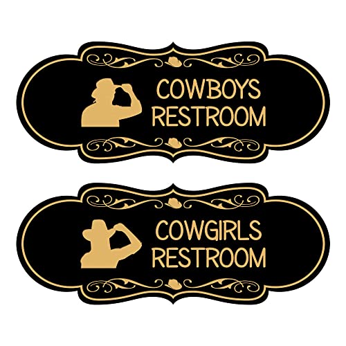 Designer Cowgirls and Cowboys Novelty Restroom Signs, Set of 2 (Black Gold) - Medium 2 Pack (4 PCS)