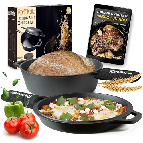 Tortillada   2 en 1 Combo Cooker Juego de Olla (3.5l) y Sartén (26 cm) De Hierro Fundido + Mango De Protección + E Book con 50 Recetas