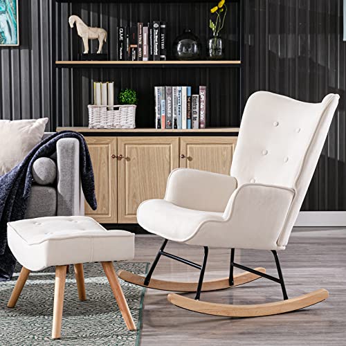 Image of HNY Modern Rocking Chair Nursery with Ottoman, Upholstered Button Tufted Wingback Armchair with Footrest, Chenille Rocker Chair for Living Room/Bedroom, Solid Wood Racks, Beige, beige