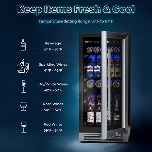 Image of COSTWAY 15 Inch Beverage Cooler Refrigerator - 3.5 Cu.ft Mini Fridge with Glass Door, Lock and Removable Shelves for Soda Beer Wine, Freestanding Small Drink Refrigerator for Home Office Bar