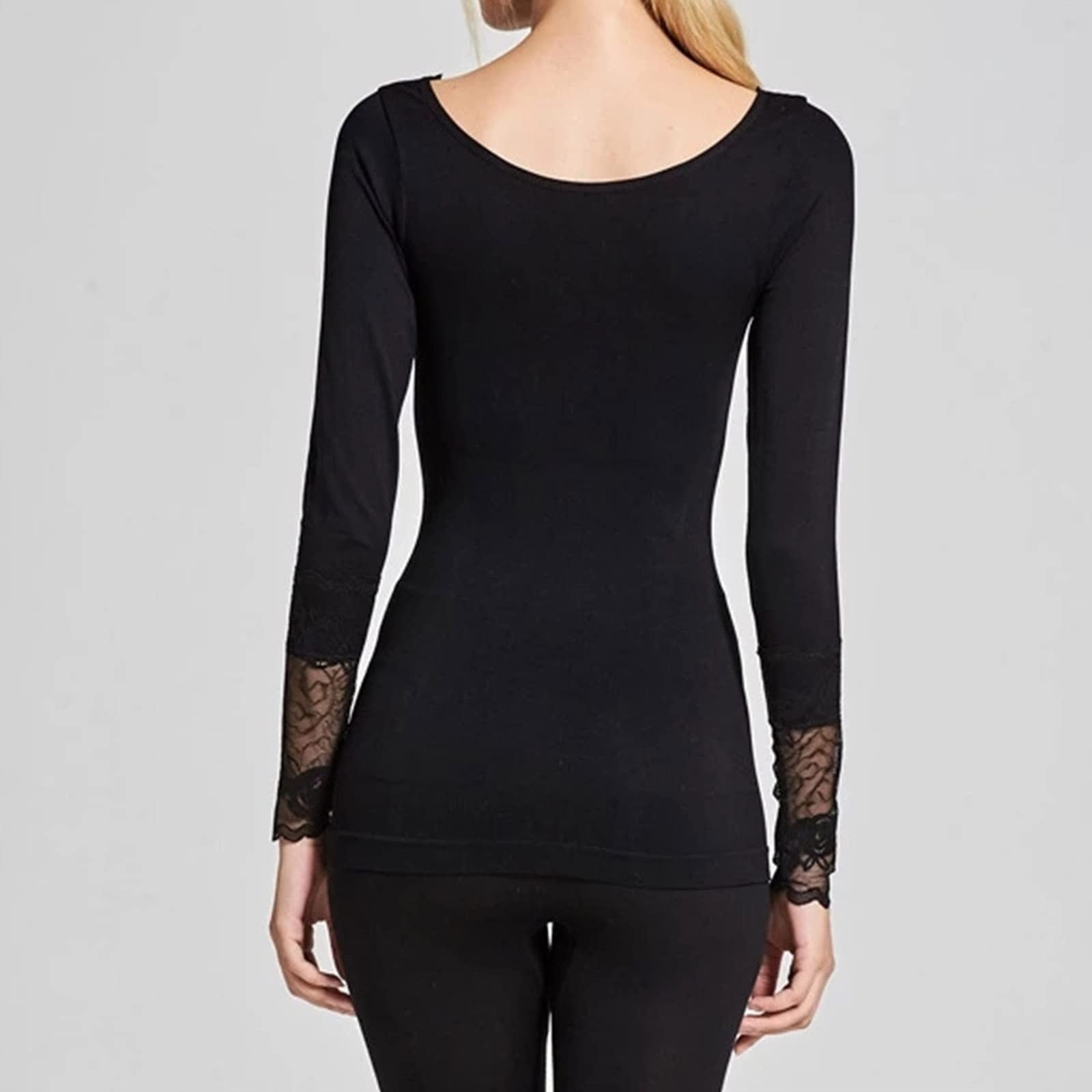 ACiyD Ropa Interior térmica para Mujer, Top de Invierno con Cuello en V, Ropa Interior térmica de Encaje, Conjuntos de Calzoncillos Transpirables elásticos para Mujer, Invierno (Talla única Negra)
