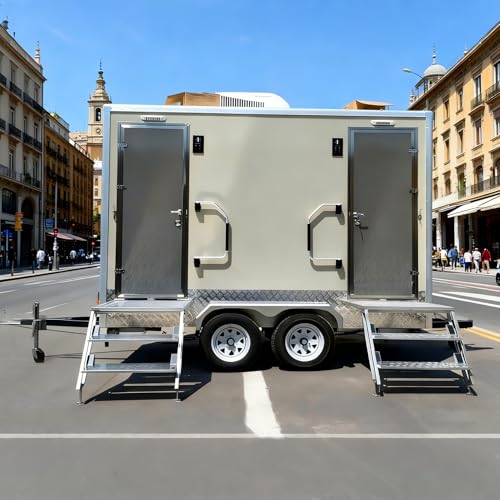 2-Stall Mobile Commercial Bathroom Trailer, Luxury Portable Restroom Trailer with Sink, Flush Toilet, Water Tank, Portable Outdoor Toilet Trailer for Wedding, Camping, Events, Construction Jobsite