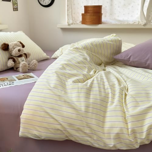 Image of VM VOUGEMARKET Kawaii Cream Yellow Purple Striped Microfiber Duvet Cover Set, Lightweight Soft Pastel Line Pattern Bedding Set for Cozy Aesthetic Bedroom-Queen,90 inchx90 inch