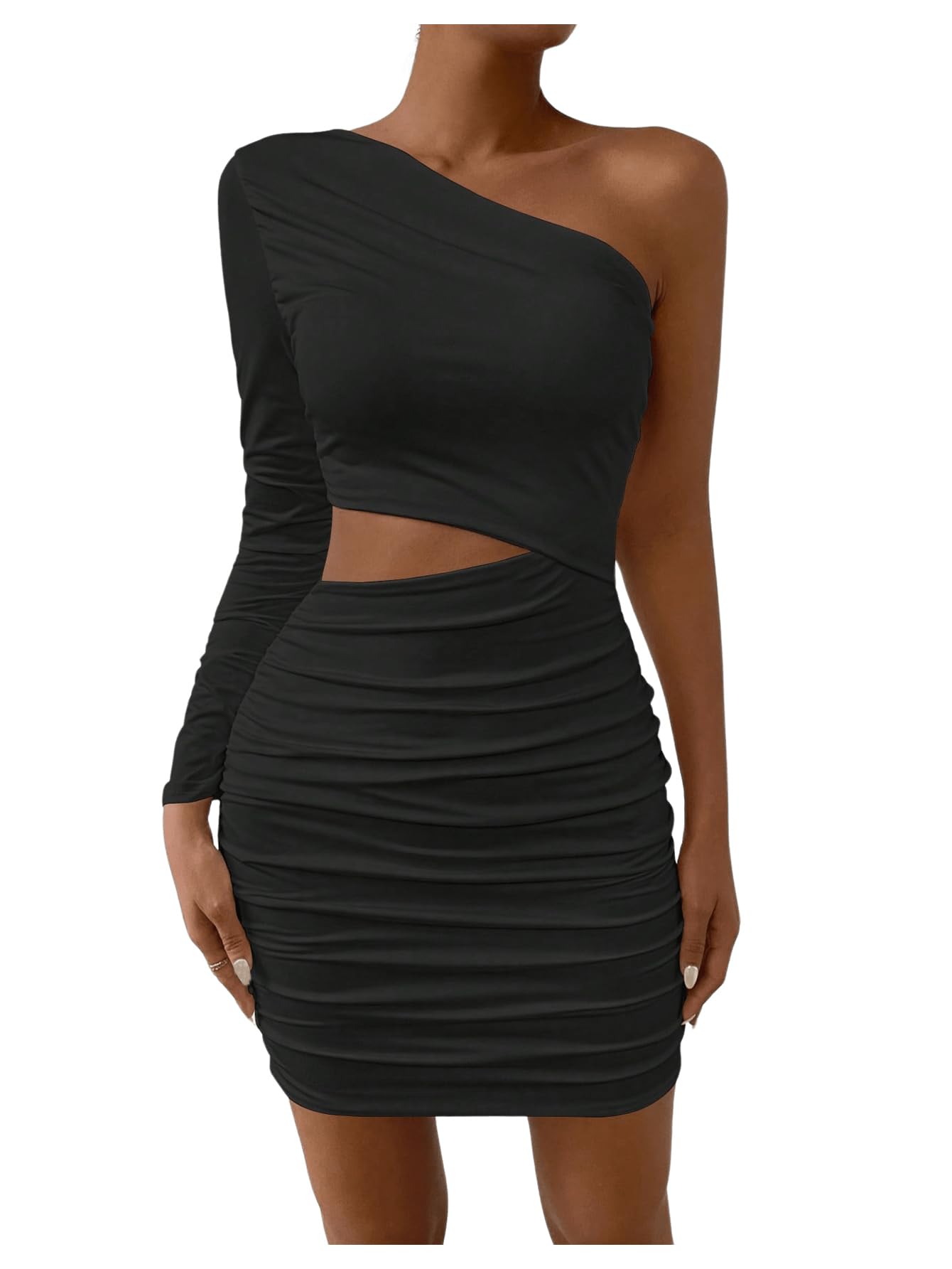 Milumia Women's Ruched Cut Out One Shoulder Dress Long Sleeve Mini Bodycon Dresses