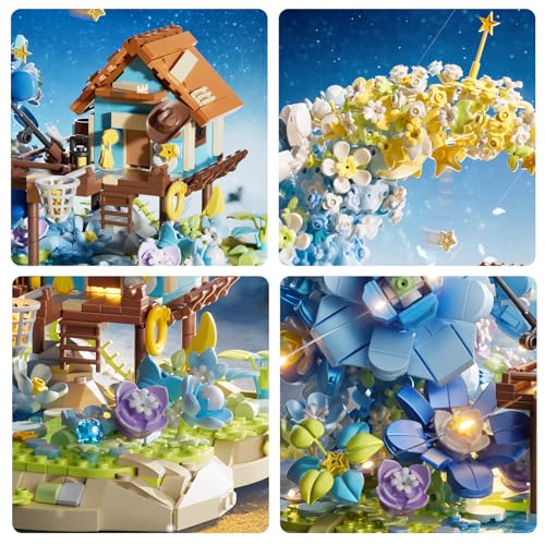 Image of SUNHABI Moon Flower Mini Bricks Building Set, Fairy Cabin and Blue Flower Bouquet, Mini Building Blocks Botanical Collection Set, Unique Home Decor, Gift for Her and Him - 1622 Pcs Mini Bricks