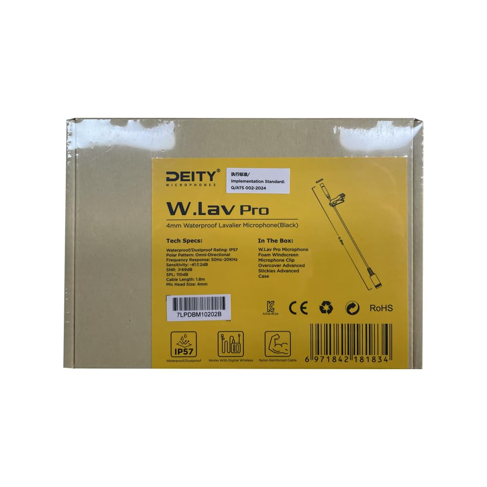 Deity W.Lav Pro Microphone Cravate Professionnel à condensateur 4 mm 1,8 m IP57 étanche 83 DB de diamètre pour vlog Live (Noir, sans Adaptateur Microdot)