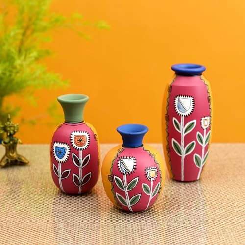 Image of Aakriti Art Creations Smiling Flowers Colorful Vases Set of 3 in Magenta | Handmade Terracotta Flower Vases | Matte Finish Decorative Vases for Living Room, Table Decor & Gifting