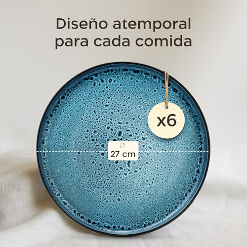 Miniatura 4 de Twinzee Vajillas Completas 6 Personas De Gres Azur Resistente - 6 Platos Grandes Estilo Riviera - Apta Microondas