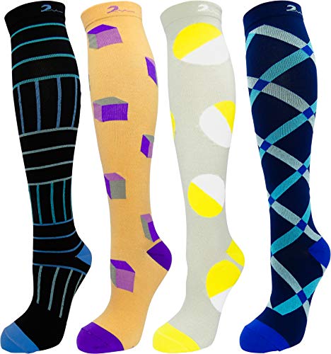 Best Cyber Monday 🔥 Mens & Womens 4 Pair Colorful Design Compression Socks 15-20mmHg. Travel & Flight, Work, Sports, Nurses, Recovery, Lightweight Knee-High Stockings: Bold Statement L/XL