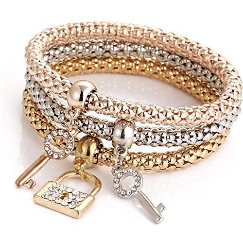 3Pcs/Set Multilayer Stretch Bracelet Butterfly Heart Key Lock Crown Charms Bangles Bracelet Crystal Charms Bracelet Gold/Silver/Rose Gold Corn Chain Multilayer Bracelets for Women