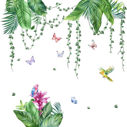Wandtattoo Wandaufkleber Tropische Grün Pflanzen und Vögel,Blätter Wandaufkleber, Wanddeko für Wohnzimmer, Schlafzimmer, Kinderzimmer, Babyzimmer und Flur