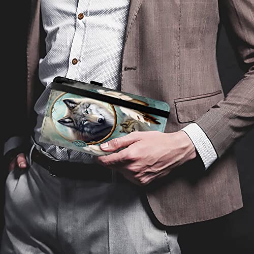 Image of FUYOCWE Leather Checkbook Covers for Men Women Check book Holder Cover Wallets for Personal Checkbook Duplicate Checks with RFID Blocking & Elastic Strap, Wolf in a Dream Catcher, Classic