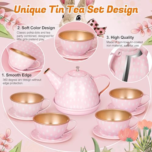 Image of Tea Party Set for Little Girls, Princess Tea Time Toys Including Tin Teapot Set Cups Carrying Case, Toddlers Pretend Role Play Kids Kitchen Toys Birthday Gifts Age 3 4 5 6