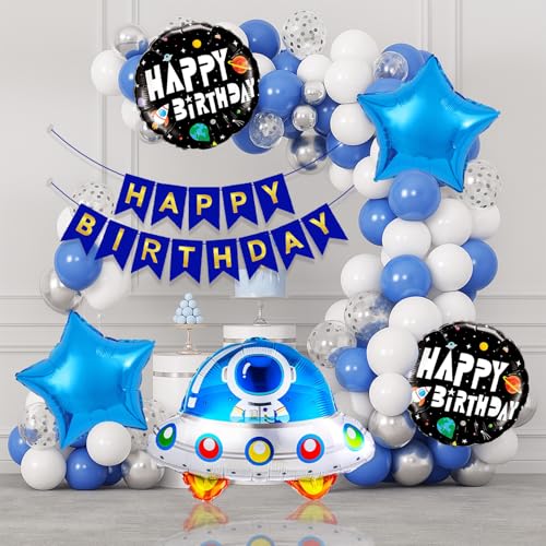 Image of Outer Space Ship Foil Balloons Birthday Decoration Items for Home, Kids, Boy, Girl Bday Party Decor Set of 52 Pcs | Space Theme Birthday Decoration Kit
