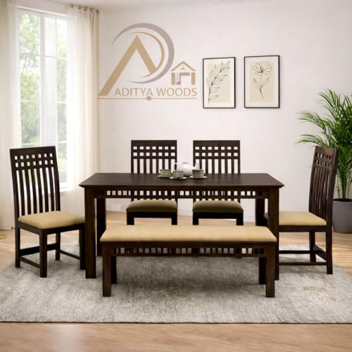 Image of AADITYA WOODS Sheesham Wood 6 Seater Dining Table Set with Chairs & Bench for Living Room Home | Wooden Dining Table Set for Office Restaurant Dining Room Set-57x35x30 inch (Walnut kB1, 6 Seater)