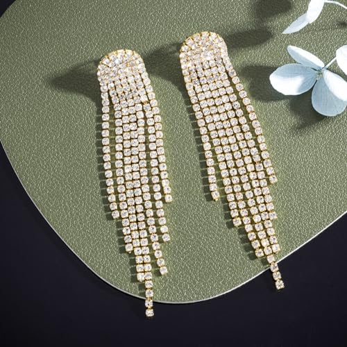 SELOVO Rhinestone Crystal Tassel Long Sparkle Dangle Earrings 2.8"/3.3" Wedding Party Dangling Earrings (3.3inch-Clip on-Gold Tone Clear)2