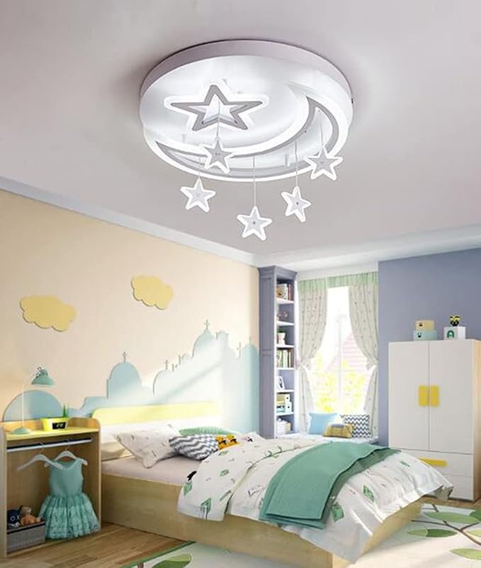 FUMIMID Kinderlamp LED Plafondlamp Dimbaar Met Afstandsbediening Ster Maan Hangende Plafondlamp Moderne Meisjes Jongens Slaapkamer Lamp Babykamer Kinderkamer Woonkamer Kroonluchter,Wit,52cm photo 3