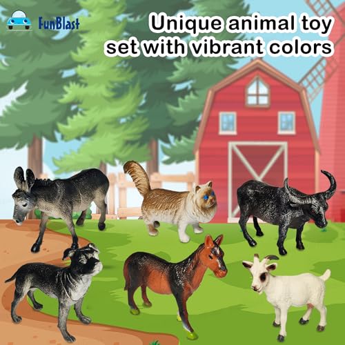 Image of FunBlast Mini Farm Animals Figure Toy Set - 6 Pcs Realistic Farm Animal Models Including Dog, Cat, Goat, Buffalo, Horse & Donkey, Educational Animal Toys for Kids, Pretend Play - Multicolor