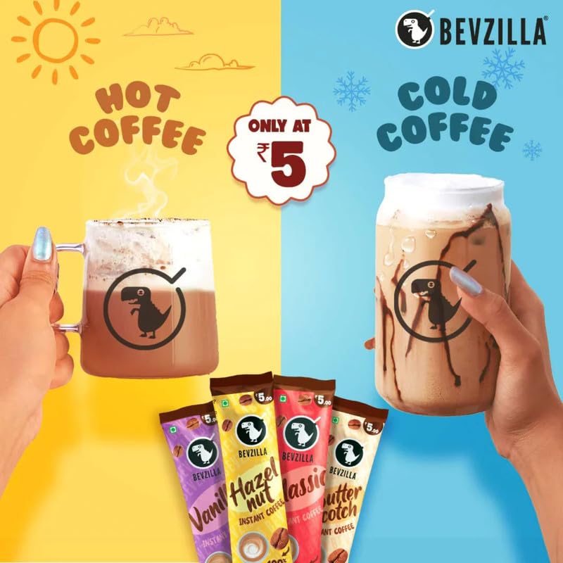 Image of Bevzilla 24 Assorted Instant Coffee Sachets | 24x2Gm Pouches | Arabica Coffee | 4 Flavours: Butterscotch, Classic, Vanilla, Hazelnut | Perfact for Espresso, Latte & Cappucino (Pack of 6)