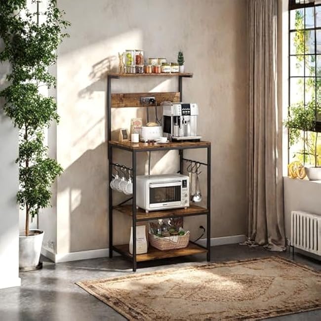 Multifunctional Microwave Stand with Power Outlets - 3-Tier Storage Shelf, Adjustable Height, Sturdy Steel Frame & Particle Board, for Kitchen/Living Room