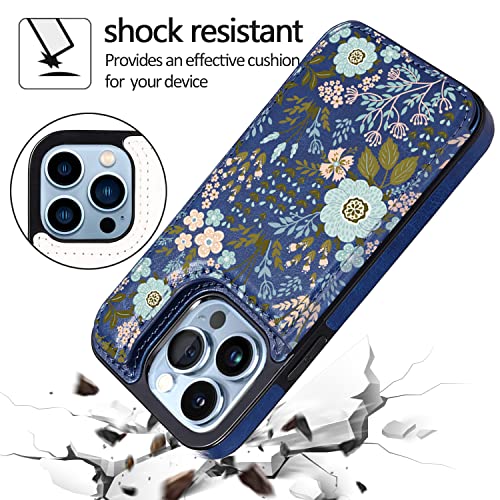 Image of uCOLOR Compatible with iPhone 13 Pro Wallet Case with Card Holder Slots Marble Flip Leather RFID Kickstand Phone Wallet Cover for Women and Girls 6.1 inch (Navy Flowers, iPhone 13 Pro 6.1 inch)