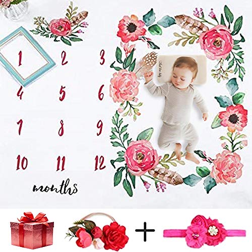 Image of NinkyNonk Floral Baby Monthly Milestone Blanket Photo Props Set Newborn Photo Blanket Backdrop with Flower Headbands (Floral A)