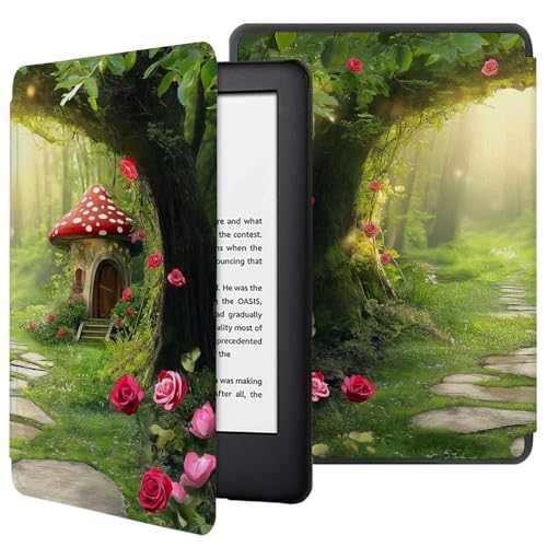 Funda para Kindle Voyage Funda De Cuero para Kindle Voyage, Funda Protectora De Cuero Sintético De Primera Calidad con Diseño Impreso para Kindle Voyage   Casa De Setas del Bosque Verde