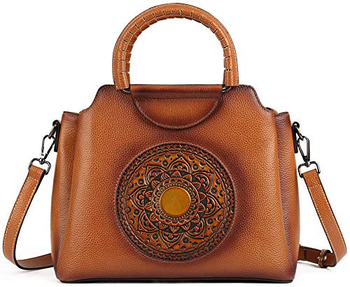 Genuine Leather Handbags for Women Organizer Medium Satchel Vintage Embossing Mandala Design Totem Shoulder Bag Handmade Crossbody Bag