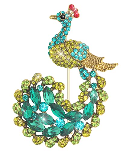 KristLand - Oro Tono Vintage Animal Pavo Real Broche Pin Brillante Verde Cristal Austriaco Broche de Mujeres Dama de Honor Boda Novia Regalo Broche Cover