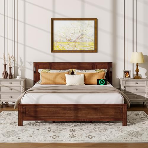 JIVOIT Farmhouse Style King Size Bed with Tall-Panel Headboard &