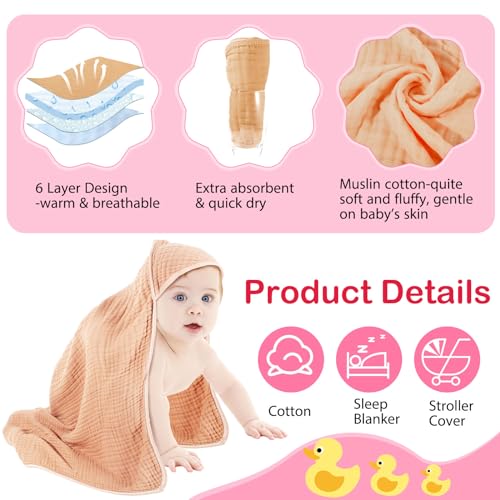Image of Peryiter 6 Pcs Muslin Hooded Baby Towels, 32 inchx 32 inch Cotton Newborn Bath Towel Muslin Infant Baby Blankets Absorbent Unisex Newborn Registry Gift Essentials for Girls Boys (Purple)