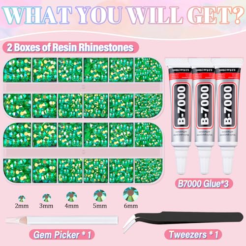 Image of Resin Rhinestones for Crafting with 3Pcs 10ml B7000 Jewelry Glue, 2 Boxes Dark Green AB Flatback Gems Crystals Diamond for Bedazzling Crafts DIY Nail Art Makeup,Gems for Clothing Tumblers Shoes