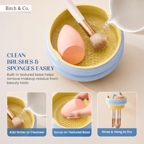 Image of Birch & Co. 4-in-1 Makeup Brush Holder Organizer with Dustproof Lid,Silicon Brush Cleaning Mat & Hanging Drying Rack, Portable Makeup Organisers Case for Sponges, Puffs & Brushes, Blue & Yellow