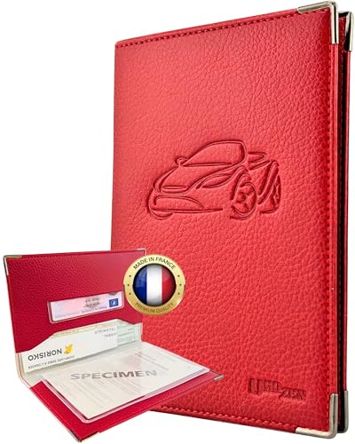 Ugozen Pochette Carte Grise Luxeo | Porte Papier Voiture Etui 3 Volets Cristal Inclus. Rouge