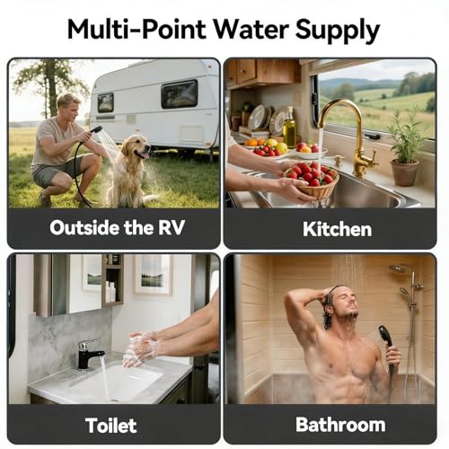 Image of 65,000 BTU RV Tankless Water Heater, High Altitude Available, DC 12V, On Demand Instant Hot Water Heater, with 15x15 inches White Door and Front Water Outlet, Compatible with all RVs