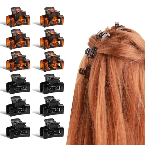 WLLHYF 12 stuks kleine, duurzame mini-haarklemmen, antislip bakklemmen, veelkleurige jaren '90-haaraccessoires voor vrouwen, dun, dik krullend haar voor meisjes (glanzend zwart + bruin)