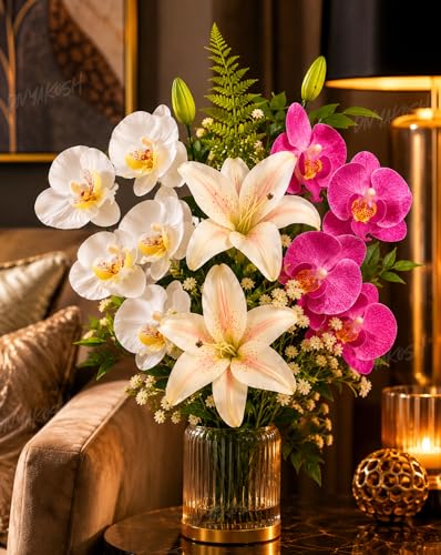 Image of Divyakosh Artificial Flowers Bunch (Vase Not Included). Artificial Flower for Vase, Flower Bouquet Gift with Orchid & Lily Pink White Arrangement for Living Room, Table, Centerpiece, Decor