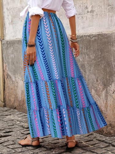 EARKOHA 2025 Women's Striped Pleated A-Line Maxi Skirt Casual Summer Boho Flowy Skirt Beach Vacation Outfits Blue XS2