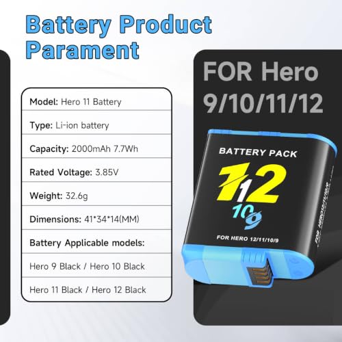 2 Baterías Hero 12 para viajes largos y vlogs intensos con cámaras Hero 11 10 y 9 de 3,85 V 6