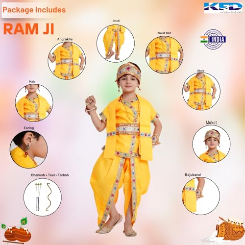 Image of Kaku Fancy Dresses Raja Ram Costume for Kids Ramayan Fancy Dress for School Mythological Events - Yellow, 3-6 MONTH, Unisex