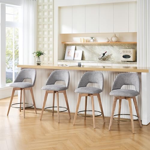 Image of Zesthouse Swivel Counter Height Bar Stools Set of 4, 26 inch Wooden Bar Stools with Back & Weathered Wood Legs, Upholstered Linen Fabric Barstools, Vintage Farmhouse High Chairs for Island Kitchen, Grey