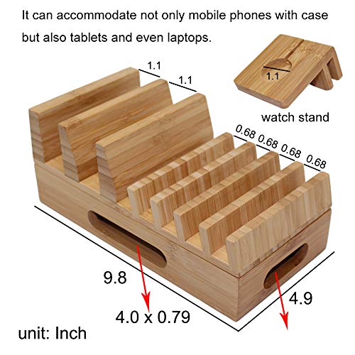 Bamboo Charging Station Organizer for Multiple Devices & Wood Desktop Docking Charging Stand Such As Cell Phone, Tablets, Phone Case and Watch Stand - Pezin & Hulin - Thumbnail 3