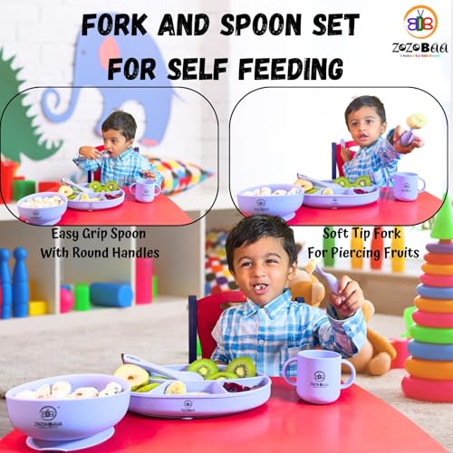 Image of Baby Weaning Spoon & Fork Set, Chewable Silicone Utensils for Training Infants, Baby Led Self Feeding, 6 M+| Gum Friendly, BPA Free, Dishwasher Safe, Unbreakable, 1 Pair, Purple