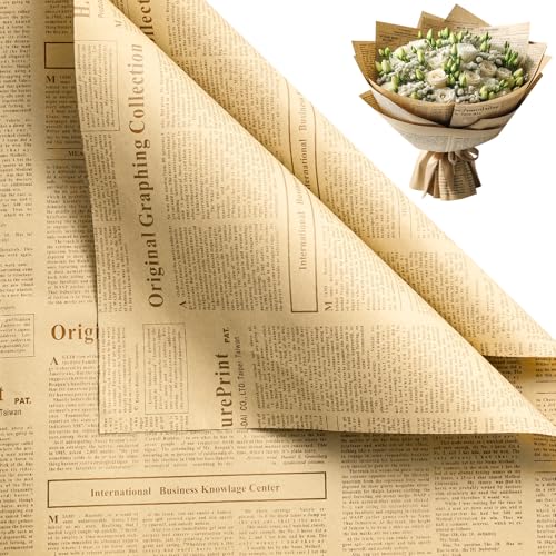 WRAPAHOLIC 20 Sheets Kraft Newspaper Flower Wrapping Paper - 19.6 x 27.5 inch Coffee Font Vintage Newsprint Design Reversible Floral Bouquet Wrapping Paper for Florist Supply Wedding Birthday Gift DIY