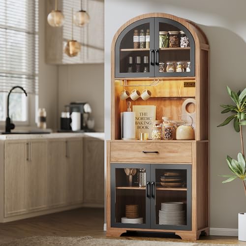 Image of 75 inch Arched Kitchen Pantry Cabinet with Charging Station & LED Light, Tall Coffee Bar Liquor Cabinet, Modern Kitchen Hutch with Microwave Stand & Adjustable Shelf for Dining Room