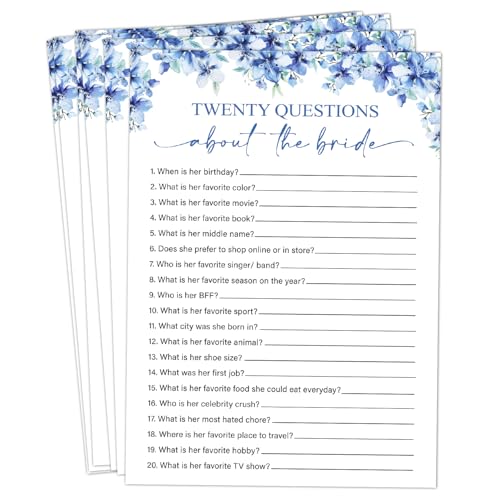 Image of Twenty Questions About The Bride Games, 25 Blue Floral Wedding Shower Game Cards Set, Engagement Party Game for Guests, Wedding Games for Reception, Minimalist Marriage Party Supplies-07