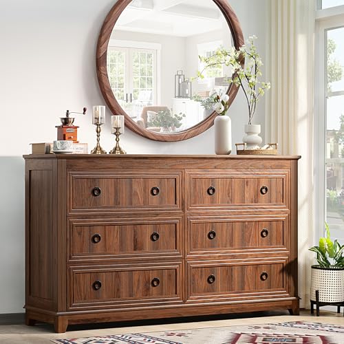 Joaxswe 6 Drawers Dresser for Bedroom, Farmhouse 54'' Dresser Chest of Drawers, Vintage Design Wood TV Stand, Rustic Storage Dressers Organizer for Bedroom, Living Room, Hallway-Brown