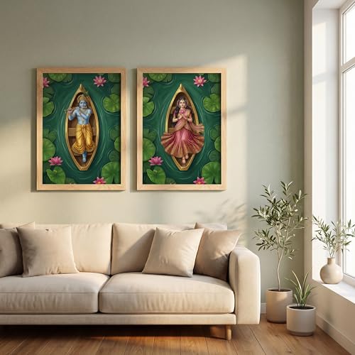 Image of Suneree Radha Krishna 3D Lotus Pond Wall Art Painting | Set of 2 Framed Paintings | Spiritual Indian Decor for Living Room Bedroom Pooja Room | (ART 9, 13x19 INCHES)