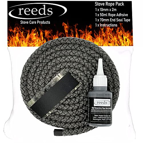Reeds Black Stove Rope Kit 10mm with Large 50ml Reeds Adhesive - Flues Glass Door Seals Wood Burning Replacement Made in The UK (10mm Kit 2m)